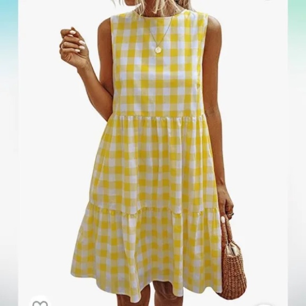 Pretty Garden Summer Dress NWT Yellow/White Sleeveless Buffalo Plaid Checked